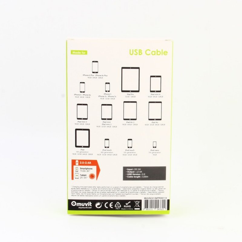 SPRING CABLE DROIT CHARGE & SYNC 2.4A LIGHTNING 3M BLANC