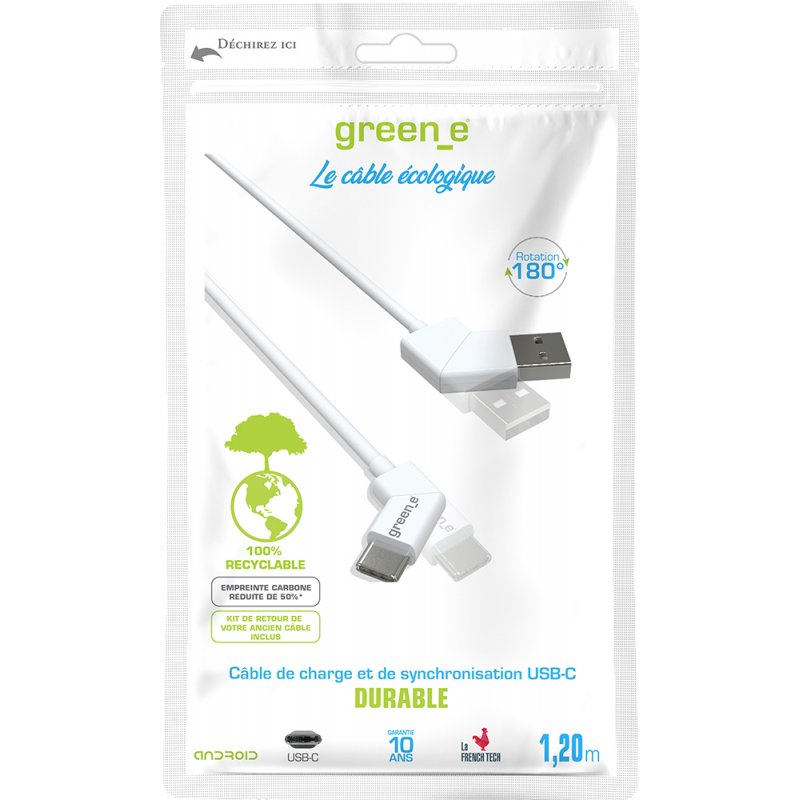 GREEN_E CABLE TYPE C USB A EMBOUT ROTATIF 1M20 BLANC