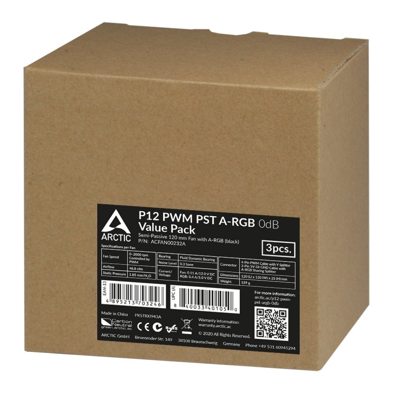 ARCTIC P12 PWM PST A-RGB 0dB Boitier PC Ventilateur 12 cm Noir, Blanc 3 pièce(s)
