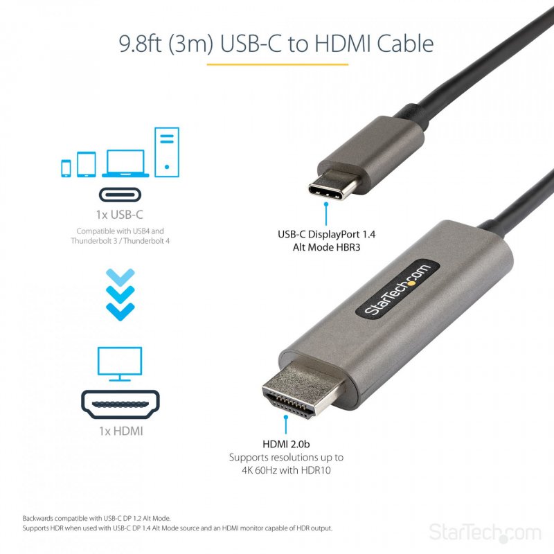 StarTech.com 9.8ft (3m) USB C to HDMI Cable 4K 60Hz w/HDR10 - Ultra HD USB Type-C to 4K HDMI 2.0b Video Adapter Cable - 