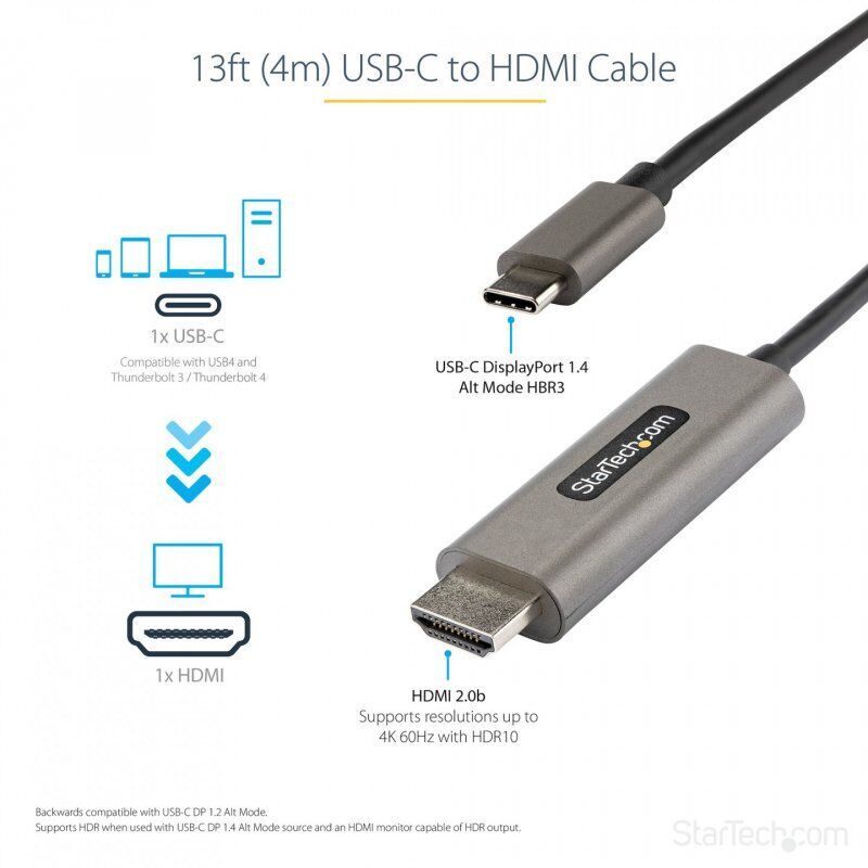 StarTech.com Câble USB C vers HDMI 4K 60Hz HDR10 4m - Câble Adaptateur Vidéo Ultra HD USB Type-C vers HDMI 4K 2.0b - 