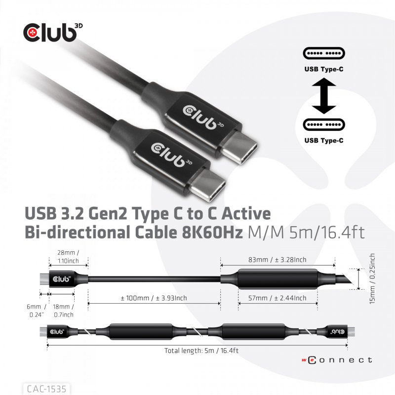 CLUB3D USB 3.2 Gen2 Type C to C Active Bi-directional Cable 8K60Hz M/M 5m/16.4ft