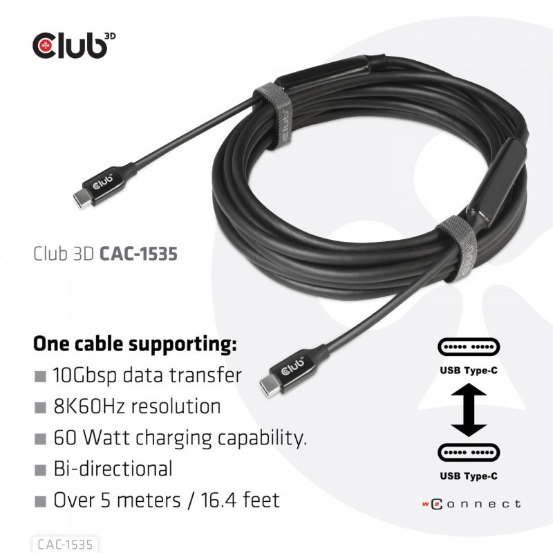 CLUB3D USB 3.2 Gen2 Type C to C Active Bi-directional Cable 8K60Hz M/M 5m/16.4ft