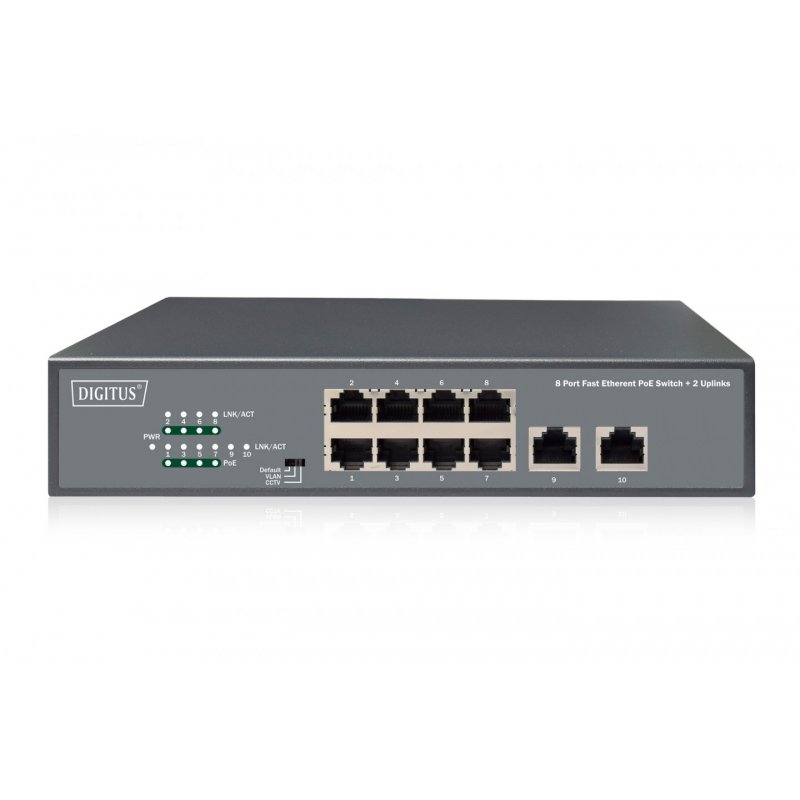 Digitus 8 Port Fast Ethernet PoE Switch, 19 Inch, Unmanaged, 2 Uplinks