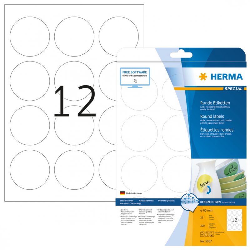HERMA Removable labels A4 Ø 60 mm round white Movables/removable paper matt 300 pcs.