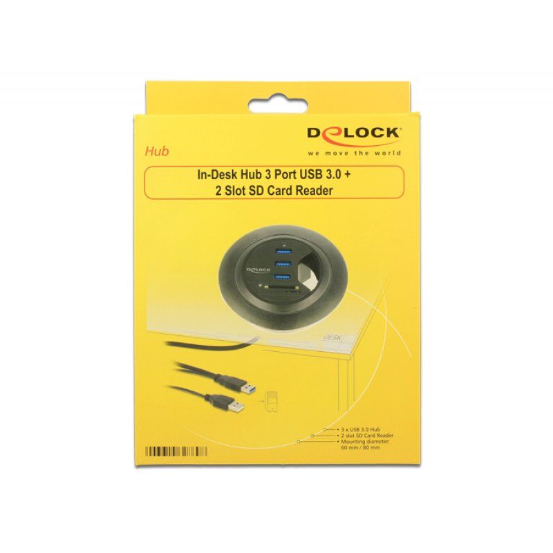 Delock compatible In-Desk Hub 3 Port USB 3.0 + 2 Slot SD Card Reader - Hub - 3 Anschlüsse
