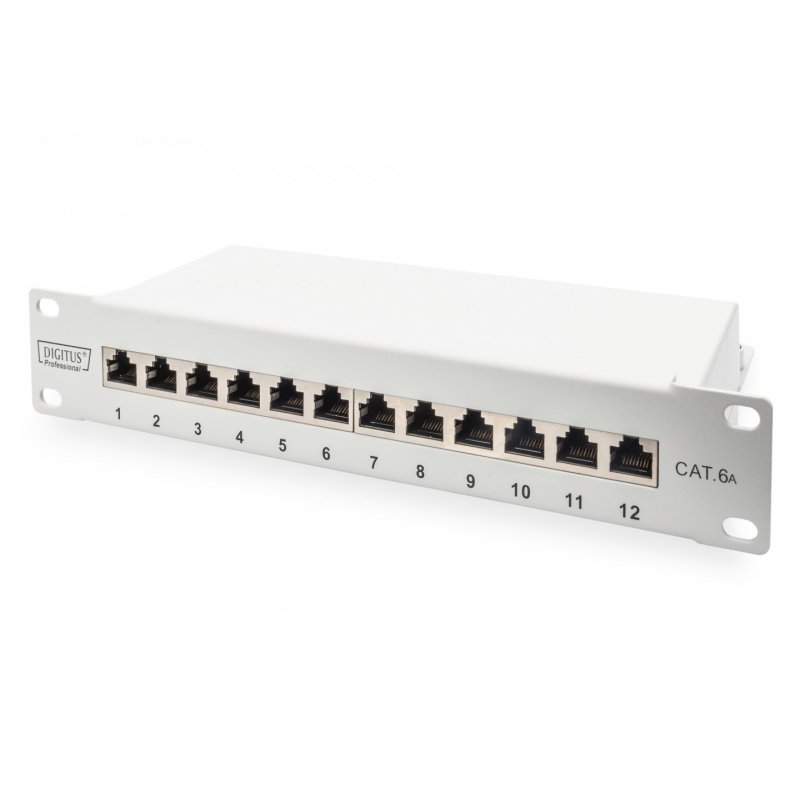 Digitus Panneau de brassage Cat. 6a, blindé, 12 ports, 1U, 10", gris