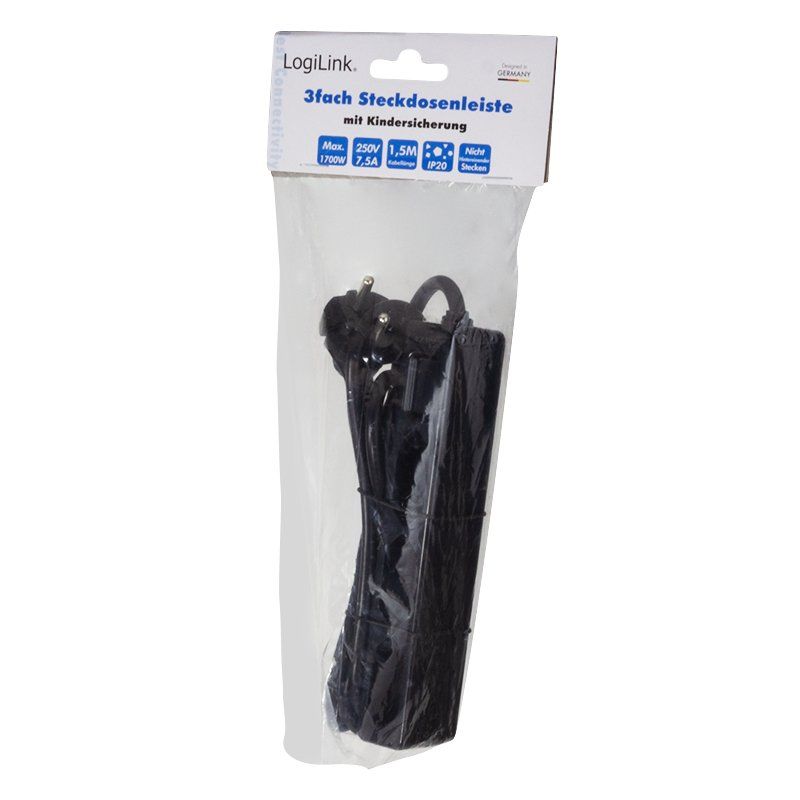 LogiLink LPS229B power extension 1.5 m 3 AC outlet(s) Indoor Black