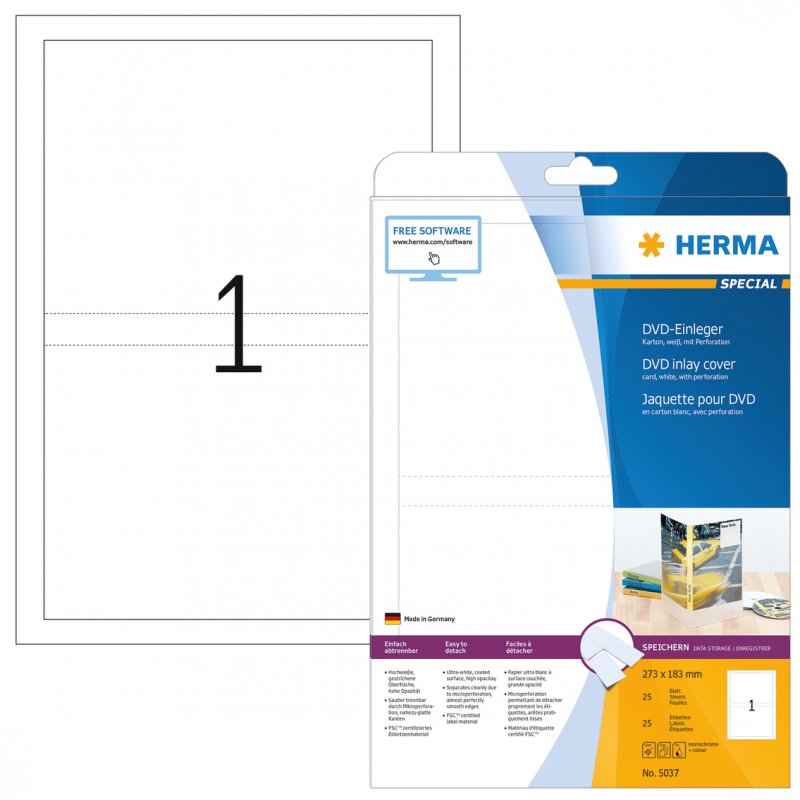 HERMA DVD inlay card A4 273x183 mm white cardboard perforated non-adhesive 25 pcs.