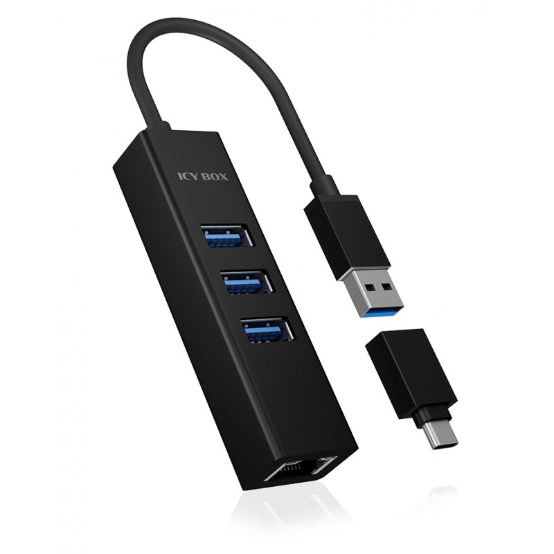 HUB 3Port ICY BOX 1xUSB-C Adapter 1xGigabit LAN Ethernet passiv Black