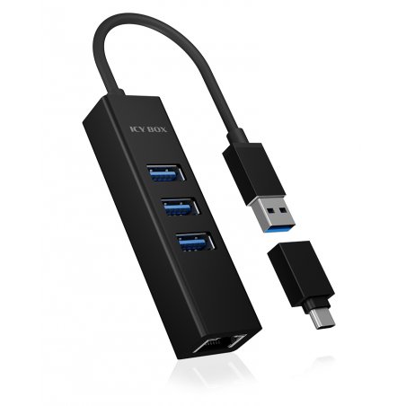 HUB 3Port ICY BOX 1xUSB-C Adapter 1xGigabit LAN Ethernet passiv Black