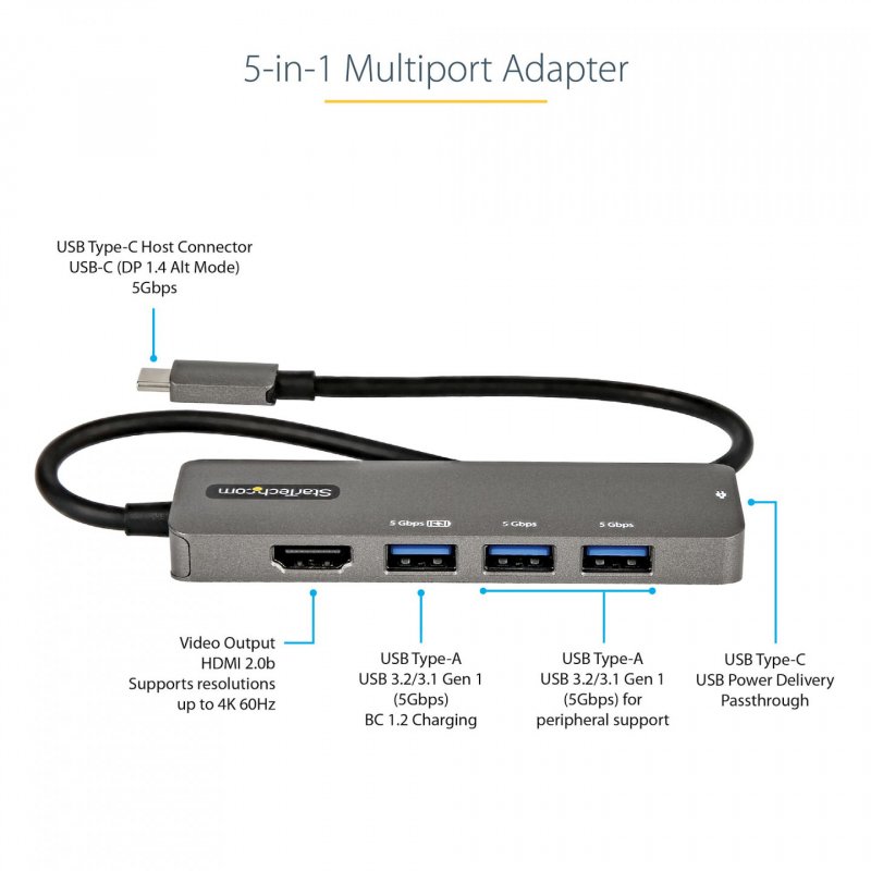 StarTech.com Adaptateur Multiport USB-C - Adaptateur USB-C vers HDMI 2.0b 4K 60Hz (HDR10), Alimentation 100W Passthrough
