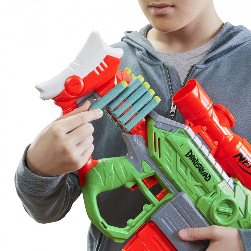 Nerf DinoSquad Rex-Rampage Motorized Dart Blaster, 10-Dart Clip, 20 Darts, 10-Dart Storage- T-Rex Dinosaur Design
