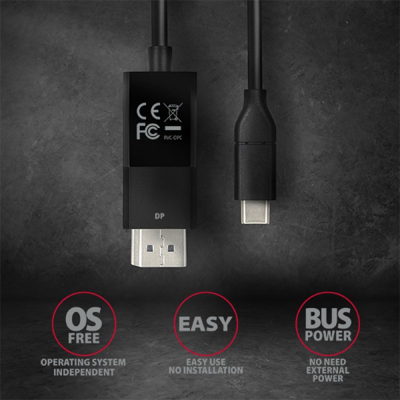 AXAGON compatible RVC-DPC USB-C auf DisplayPort-Kabel, 1,8 m, 4K/60Hz - schwarz