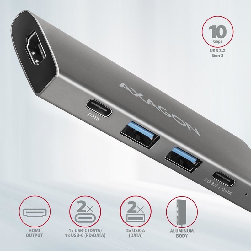 AXAGON compatible HMC-5G2 Multiport-Hub, USB 3.0, HDMI, Gbit-LAN, 2x USB-A, 2x USB-C