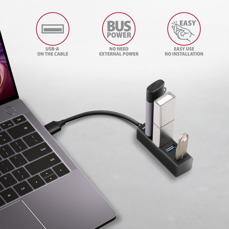 AXAGON compatible HUE-M1A Superspeed USB-A Mini Hub, 4x USB 3.0 - 20cm, schwarz
