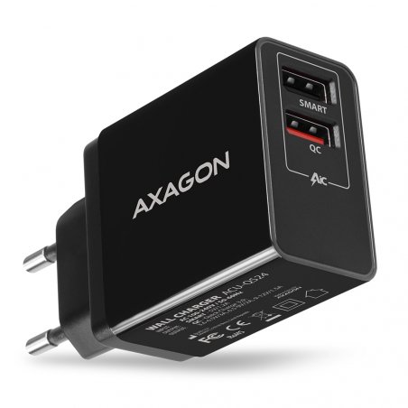 AXAGON compatible ACU-QS24 Ladegerät, 2x USB-A, QC3.0/Smart 5V 1,2A, 24W - schwarz