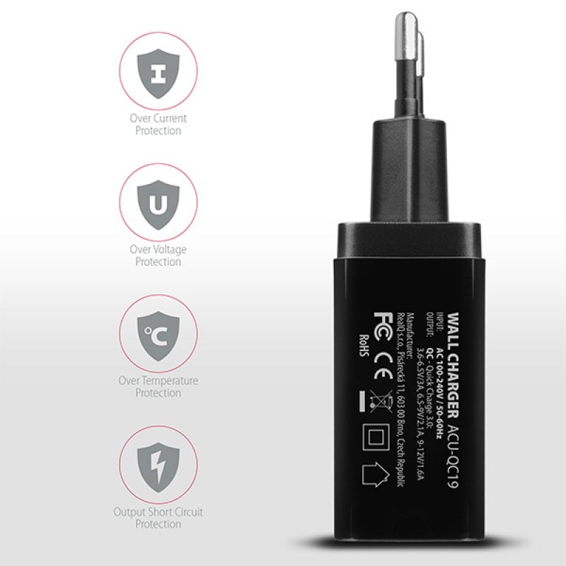AXAGON compatible ACU-QC19 Ladegerät, 1x USB-A, QC3.0/AFC/FCP/Smart 5V / 1,3A, 19W - schwarz