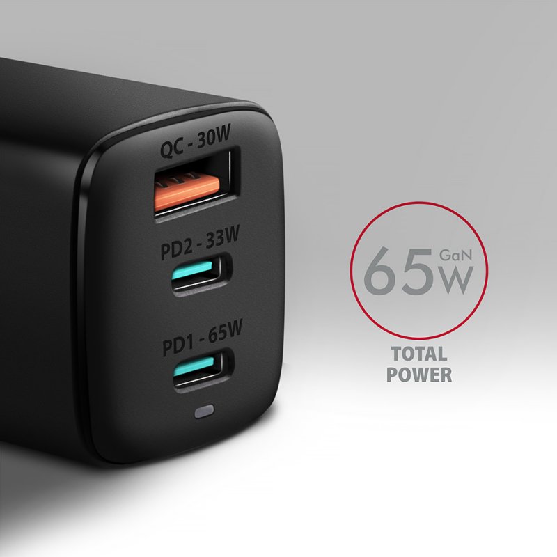 AXAGON compatible ACU-DPQ65 Ladegrät, 2x USB-C, 1x USB-A, PD3.0/QC4+/PPS, 65W - schwarz