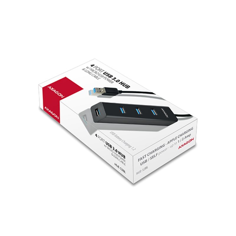 AXAGON compatible HUE-S2BL USB-A-Hub, 4x USB 3.0, 1x Micro-USB für Stromversorgung - 1,2 m Kabel