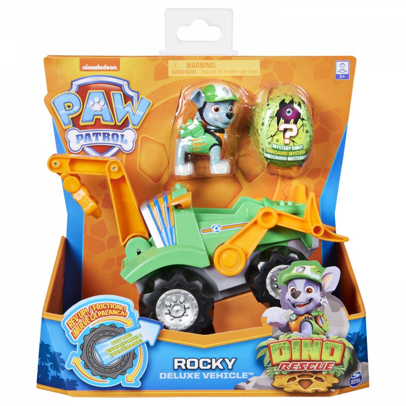 PAW Patrol , Dino Rescue Rocky’s Deluxe Rev Up Vehicle with Mystery Dinosaur Figure