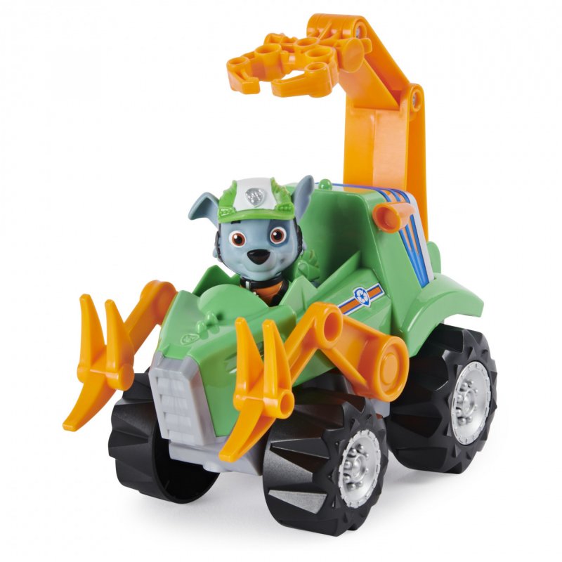PAW Patrol , Dino Rescue Rocky’s Deluxe Rev Up Vehicle with Mystery Dinosaur Figure