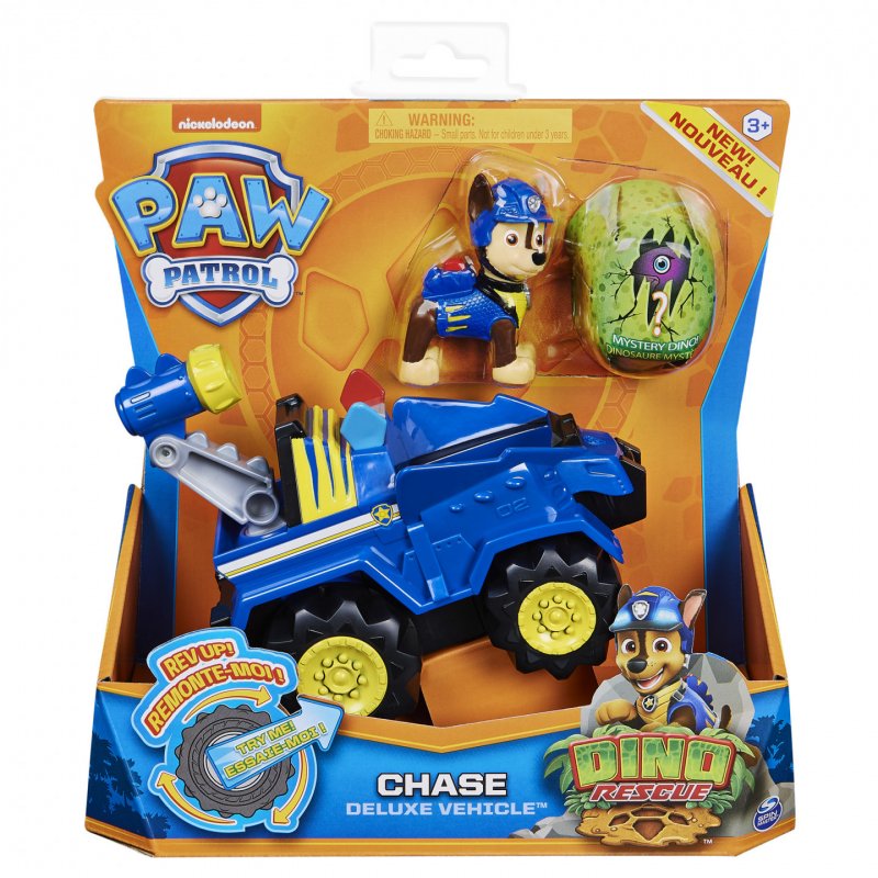 PAW Patrol LA PAT' PATROUILLE - VÉHICULE + FIGURINE CHASE DINO RESCUE - Véhicule Avec 1 Figurine Et 1 Dinosaure Mystè