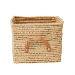 Rice - Small Square Raffia Basket with Leather Handles - Natural