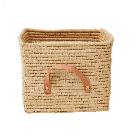 Rice - Small Square Raffia Basket with Leather Handles - Natural