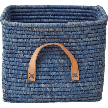 Rice - Small Square Raffia Basket with Leather Handles - Blue