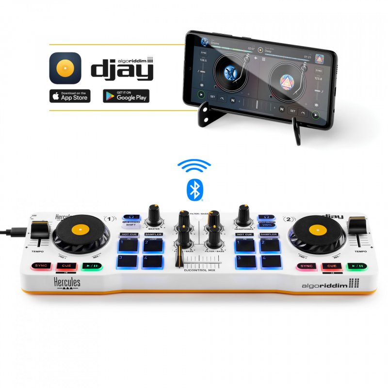 Hercules DJControl Control MIX Bluetooth Pour Smartphone et tablettes ( Andoid e 2 canaux Noir, Blanc, Jaune