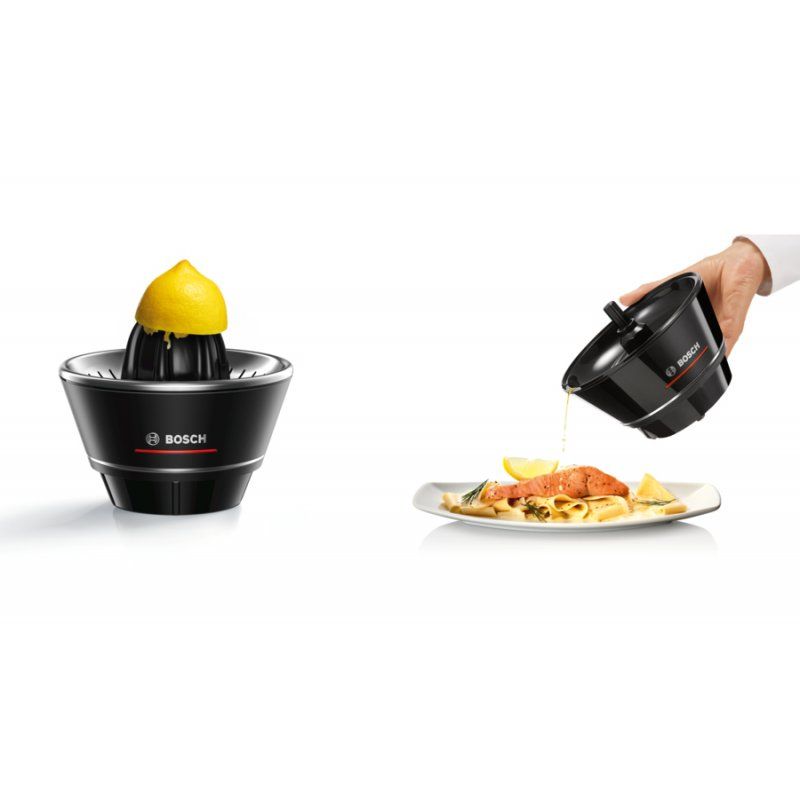 Bosch MCP72GPB citrus press Plastic, Stainless steel Black, Transparent