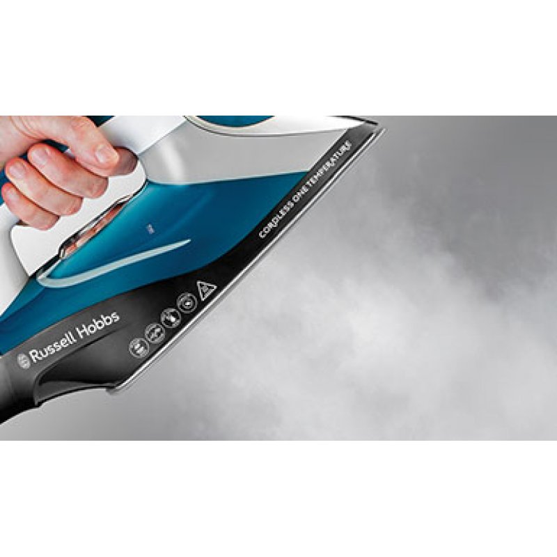 Russell Hobbs Cordless One Temperature Fer à vapeur Semelle en céramique 2600 W Noir, Bleu, Blanc