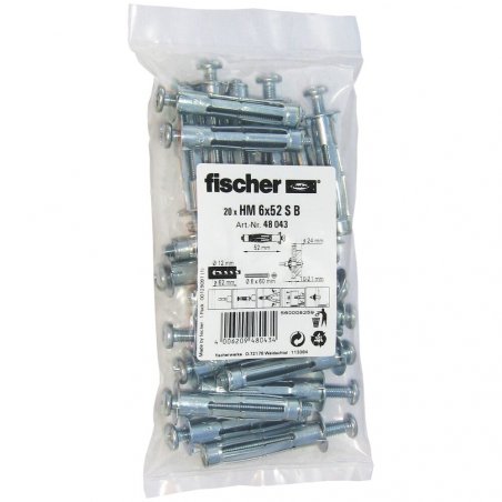 Fischer 48043 ancrage à vis et cheville murale 20 pièce(s) Kit de fiches murales et vis 52 mm