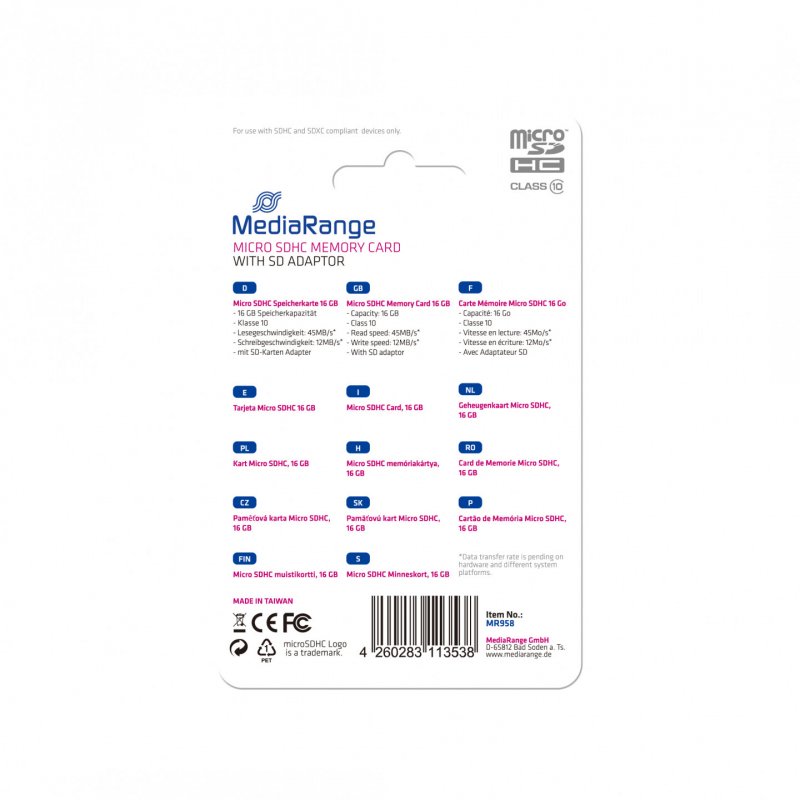 MediaRange MR958 memory card 16 GB MicroSDHC Class 10