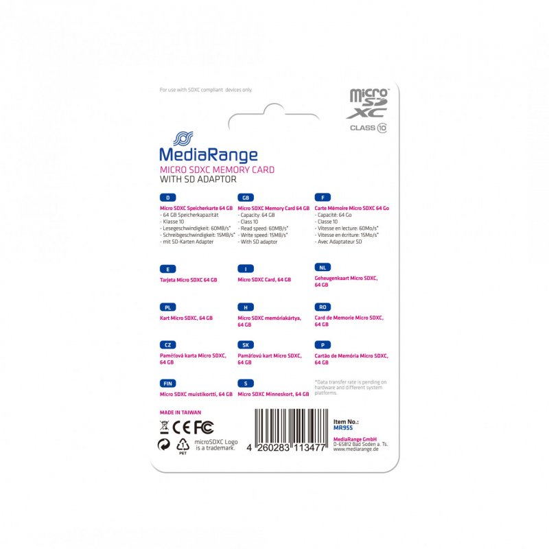 MediaRange MR955 mémoire flash 64 Go MicroSDXC Classe 10