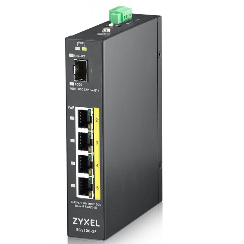 ZyXEL RGS100-5P     DIN/PoE/GE/UNM/04 | 4x PoE+, PoE-Budget 120W, IP30, DIN-Rail