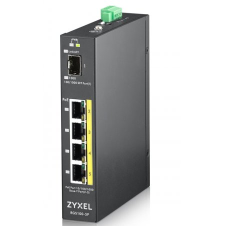 ZyXEL RGS100-5P     DIN/PoE/GE/UNM/04 | 4x PoE+, PoE-Budget 120W, IP30, DIN-Rail