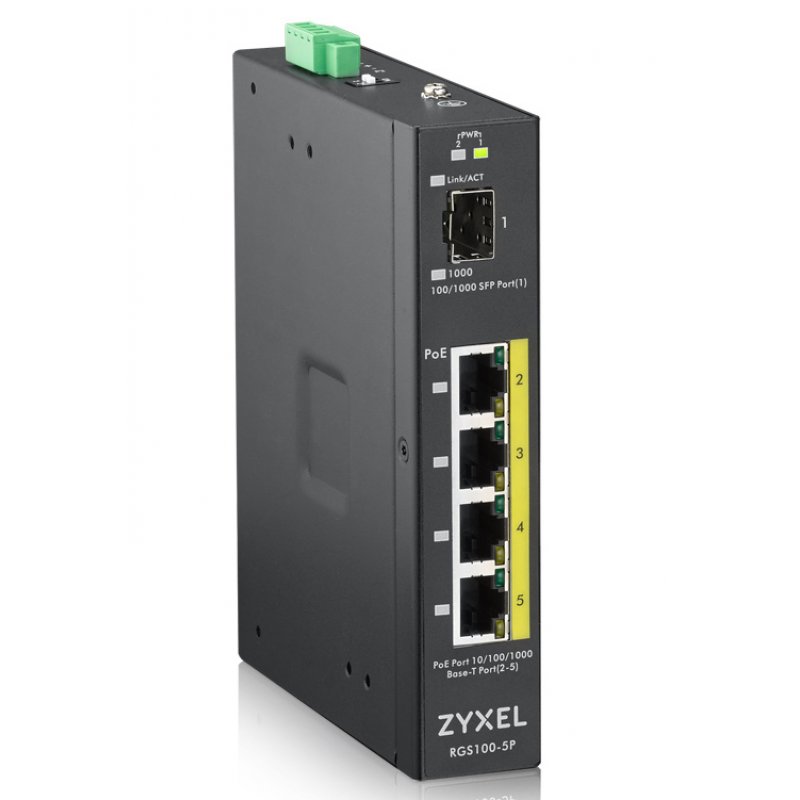 ZyXEL RGS100-5P     DIN/PoE/GE/UNM/04 | 4x PoE+, PoE-Budget 120W, IP30, DIN-Rail
