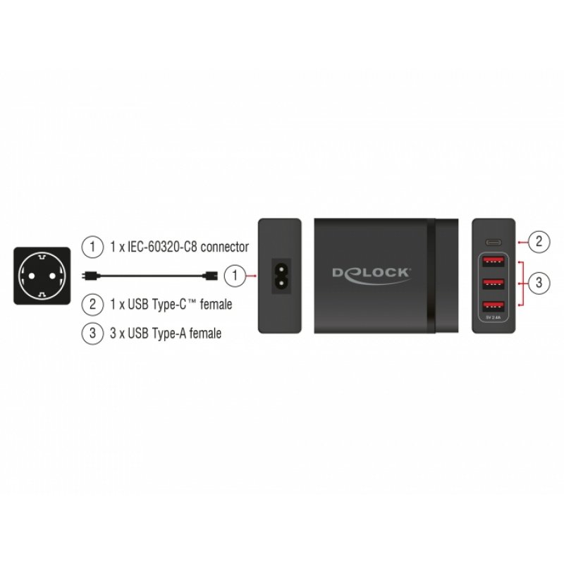 DeLOCK Netzteil USB-C PD3.0+ 3xUSB A bu | 60W+12W schwarz