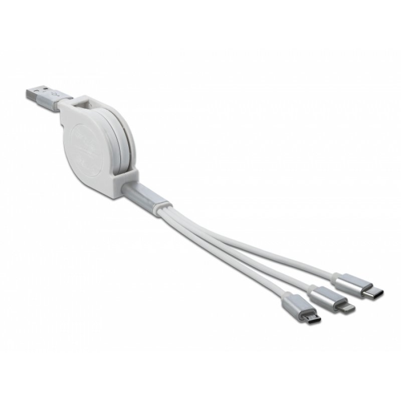 DeLOCK Ladek.USB-AC/Lightn./Micro-USB | 85850 Aufrollkabel, ausziehbar, weiß