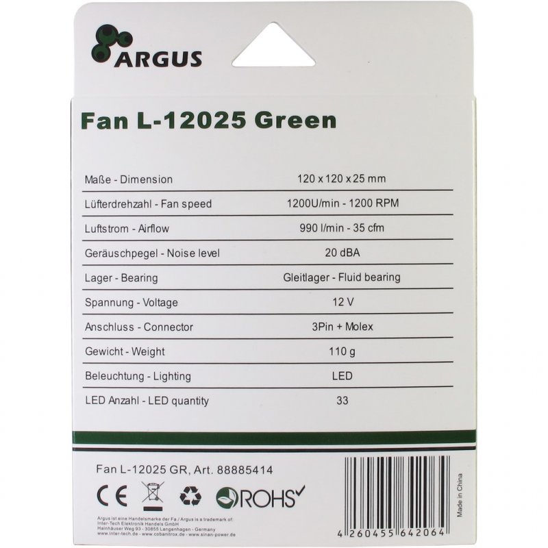 Inter-Tech L-12025 Computer case Fan 12 cm Black, Green