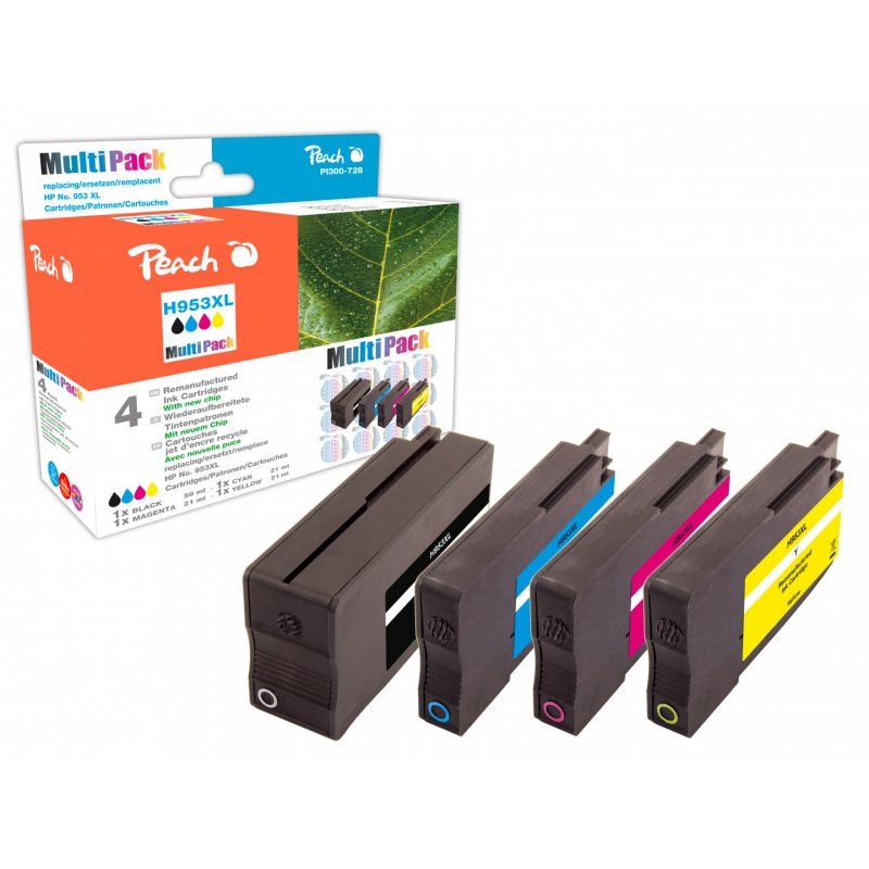 Peach PI300-728 cartouche d'encre 4 pièce(s) Compatible Rendement élevé (XL) Noir, Cyan, Magenta, Jaune