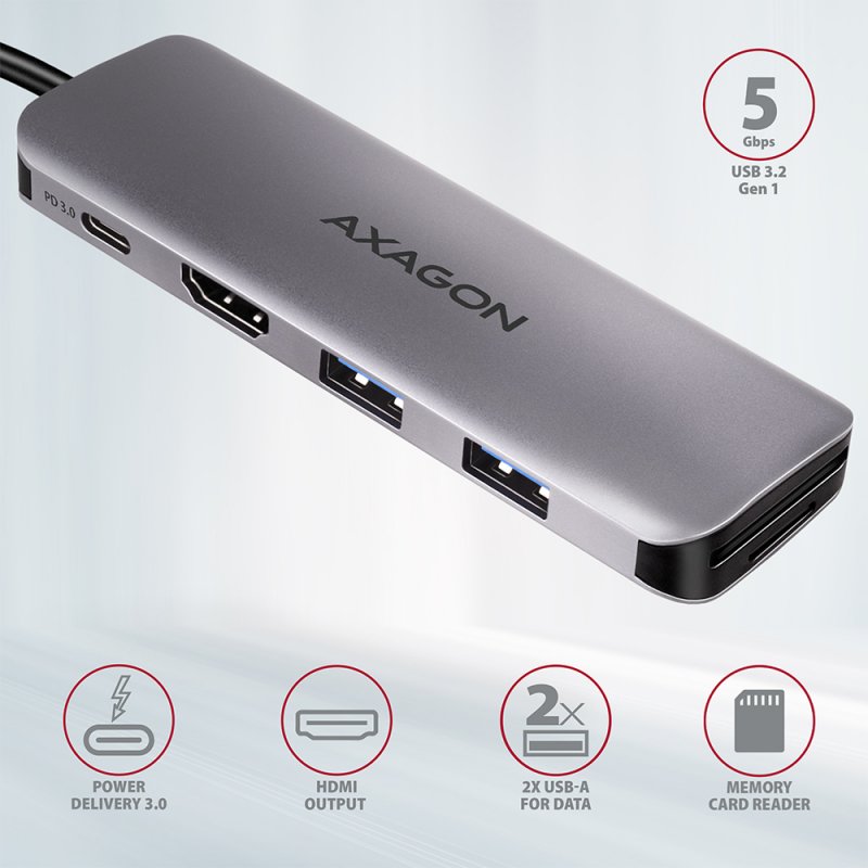 AXAGON compatible HMC-5 USB-C-Hub, 2x USB-A, HDMI, 2x USB-C 3.2 Gen 1, 1x SD, 1x microSD, silber