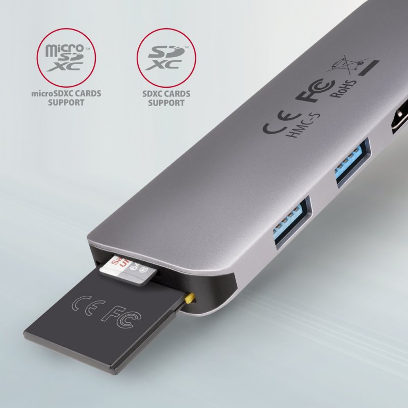 AXAGON compatible HMC-5 USB-C-Hub, 2x USB-A, HDMI, 2x USB-C 3.2 Gen 1, 1x SD, 1x microSD, silber