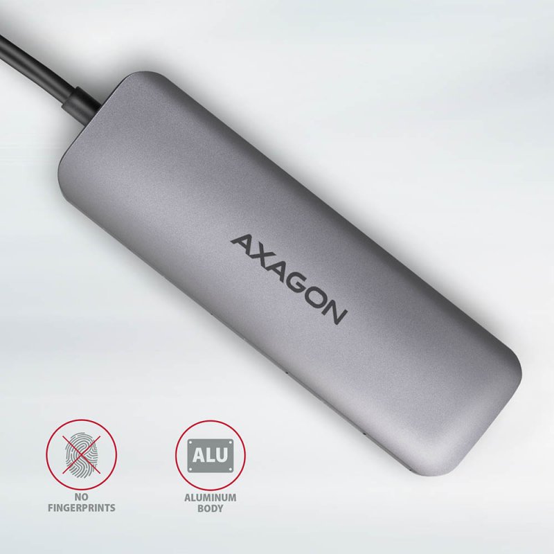 AXAGON compatible HMC-5 USB-C-Hub, 2x USB-A, HDMI, 2x USB-C 3.2 Gen 1, 1x SD, 1x microSD, silber