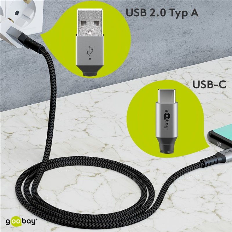 Goobay 49295 câble USB 0,5 m USB 2.0 USB C USB A Noir, Gris