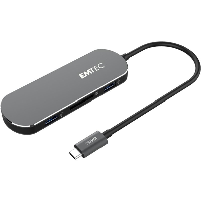 Hub USB 3.1 6en1 Emtec compatible T650C 3 ports 3.1 + 1 port USB-C + Lecteur de carte SD (Noir)