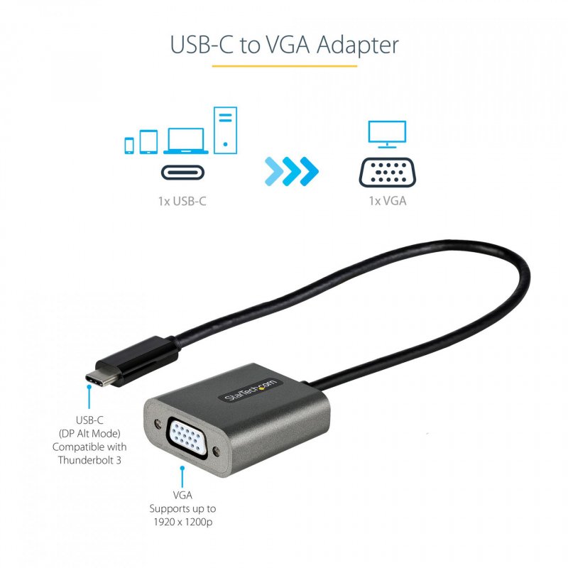 USB C TO VGA ADAPTER 1920X1200P WITH 12IN LONG ATTACHED CABLE