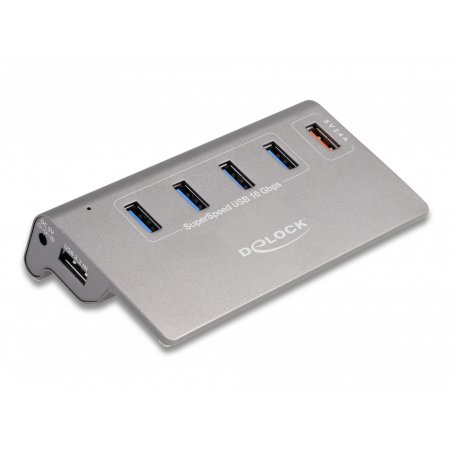 USB 10 Gbps Hub mit 4 USB Typ-A Ports + 1 Schnellladeport (grau, inkl. Netzteil)
